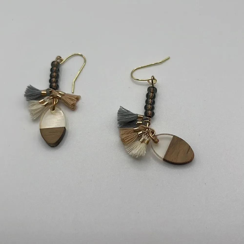 Gold Tone Beaded Tassels and Earth Tone Charm Drop Boho 2” Earrings